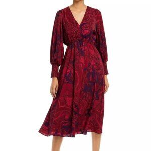 Kobi Halperin Maureen Dress Women's Size Medium Red Long-Sleeve Midi Paisley